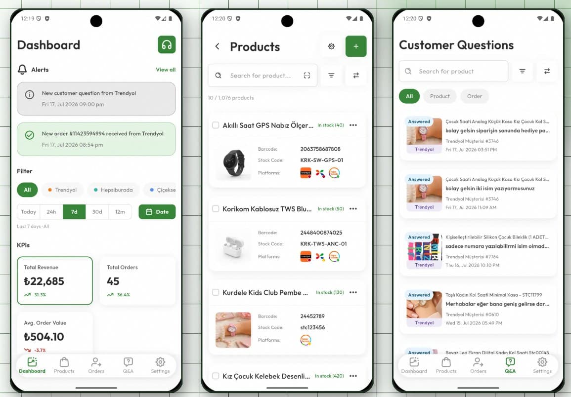 Mobileriz seller app screens: dashboard with KPIs, product list and customer questions